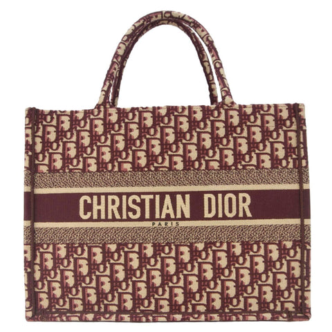 CHRISTIAN DIOR Book Medium Oblique Embroidery Tote Bag Burgundy