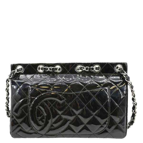 CHANEL Through Flap Quilted Patent Leather Shoulder Bag Black