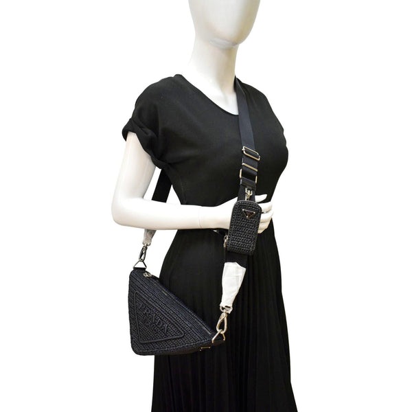 PRADA Triangle Raffia Shoulder Bag Black