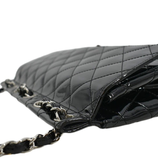 CHANEL Through Flap Quilted Patent Leather Shoulder Bag Black