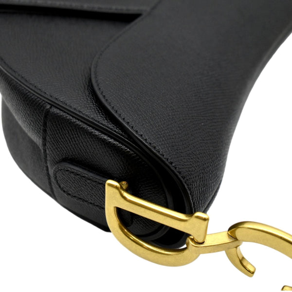 CHRISTIAN DIOR Saddle Grained Calfskin Leather Satchel Shoulder Bag Black