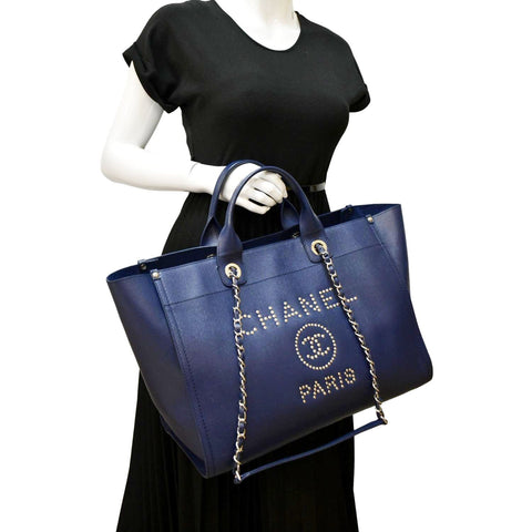 CHANEL Deauville Studded Caviar Tote Shoulder Bag Blue