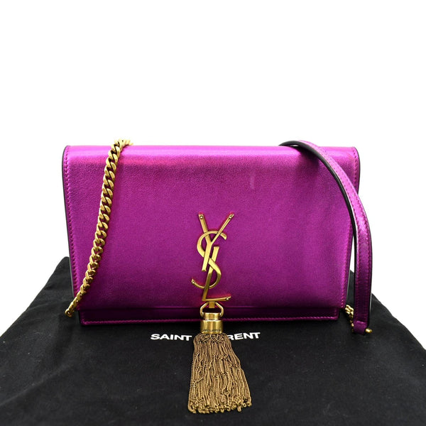 YVES SAINT LAURENT Kate Tassel Leather Wallet on Chain Bag Metallic Purple