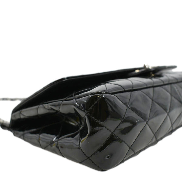 CHANEL Through Flap Quilted Patent Leather Shoulder Bag Black