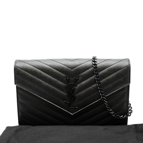 YVES SAINT LAURENT Cassandra Grain De Poudre Embossed Chain Wallet Black