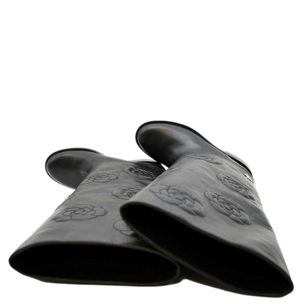 CHANEL Camellia Leather Boot Black Size 39.5