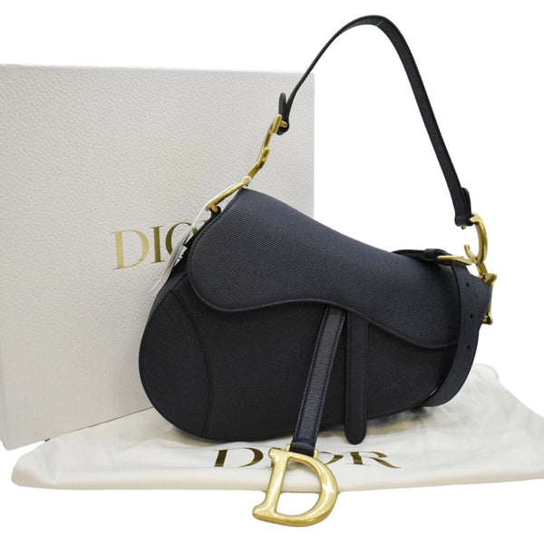 CHRISTIAN DIOR Saddle Grained Calfskin Leather Satchel Shoulder Bag Navy Blue