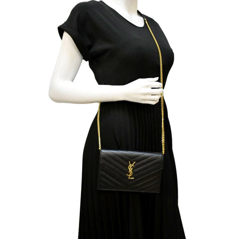 YVES SAINT LAURENT Cassandre Matelasse Chain Wallet Crossbody Bag Black