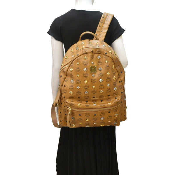 MCM Stark Studded Visetos Canvas Backpack Cognac
