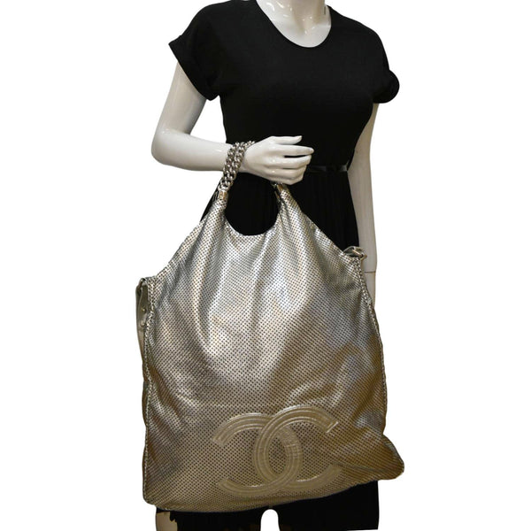 CHANEL Rodeo Drive Perforated Leather Shoulder Bag Metallic Silver