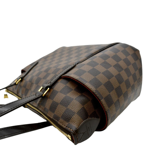Right Side Pocket View of LV Damier Ebene Tote Shoulder Bag Brown