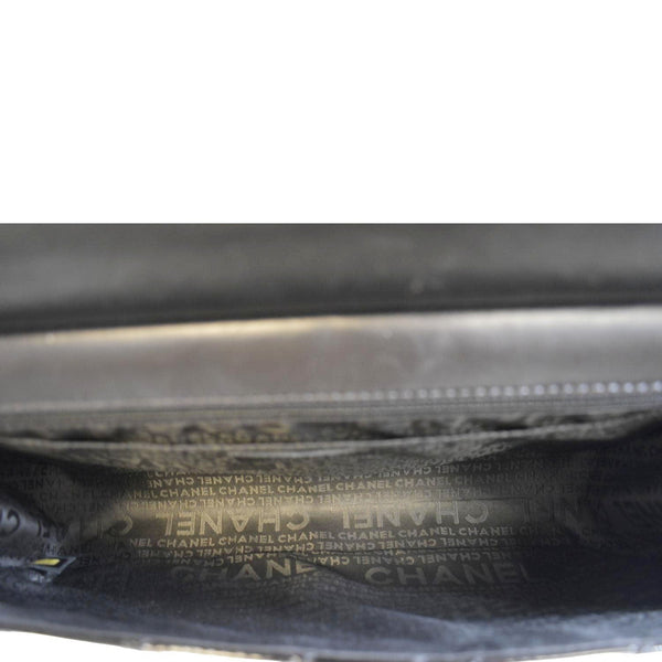 CHANEL Through Flap Quilted Patent Leather Shoulder Bag Black