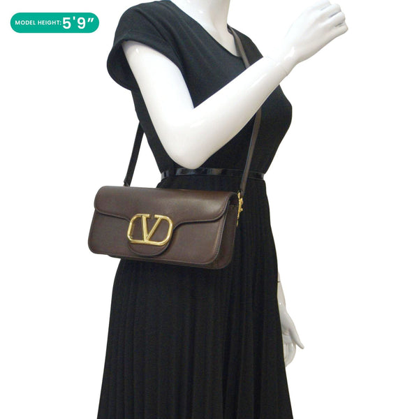 VALENTINO Loco V Logo Leather Messenger Bag Brown