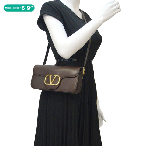 VALENTINO Loco V Logo Leather Messenger Bag Brown