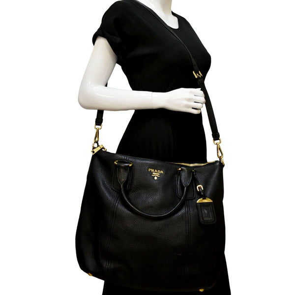 PRADA Vitello Daino Large leather Tote Shoulder Bag Black