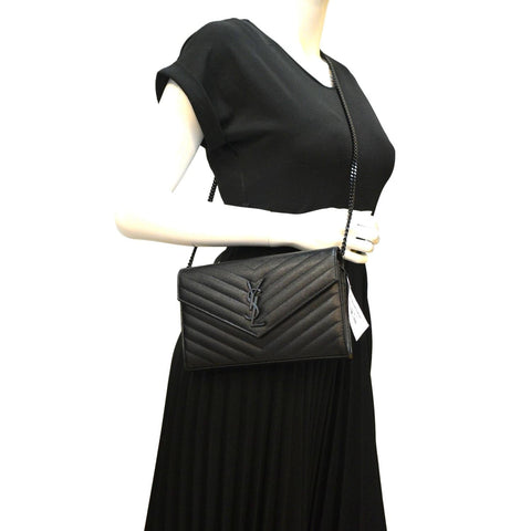 YVES SAINT LAURENT Cassandra Grain De Poudre Embossed Chain Wallet Black