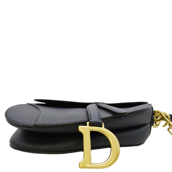 CHRISTIAN DIOR Saddle Grained Calfskin Leather Satchel Shoulder Bag Navy Blue