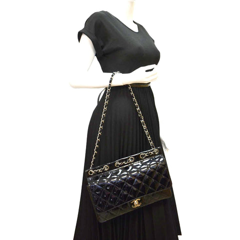 CHANEL Through Flap Quilted Patent Leather Shoulder Bag Black