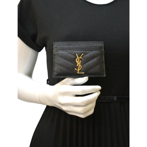 YVES SAINT LAURENT Cassandre Monogram Grain De Poudre Leather Card Holder Black