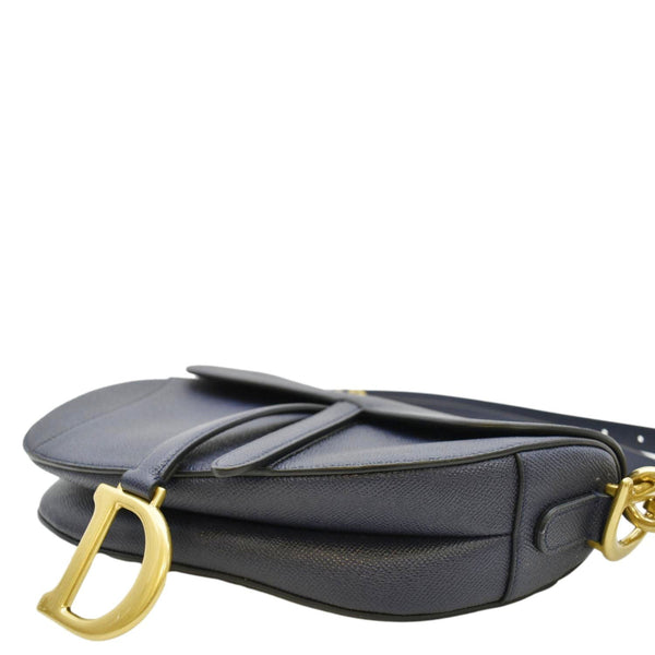 CHRISTIAN DIOR Saddle Grained Calfskin Leather Satchel Shoulder Bag Navy Blue