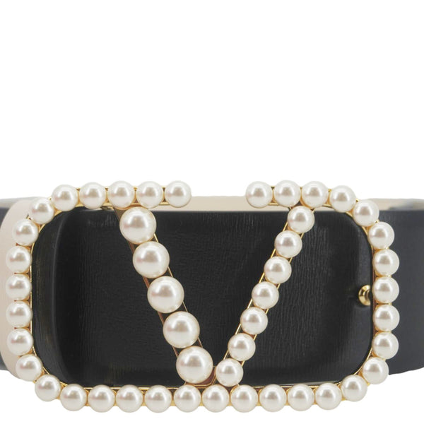 VALENTINO Garavani VLogo Signature Pearls Calfskin Leather Reversible Belt Black