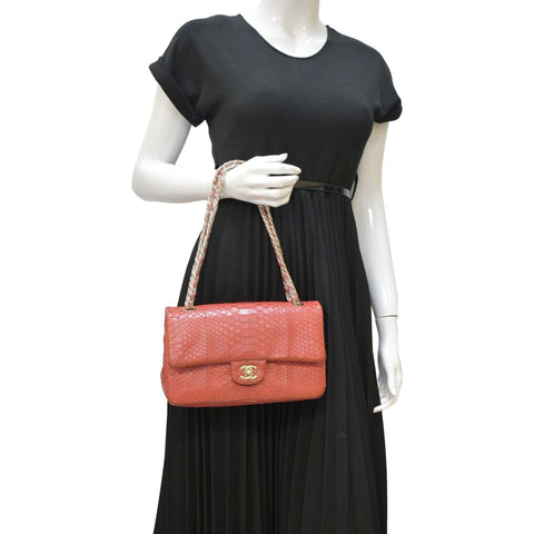 CHANEL Classic Medium Double Flap Python Leather Shoulder Bag Red