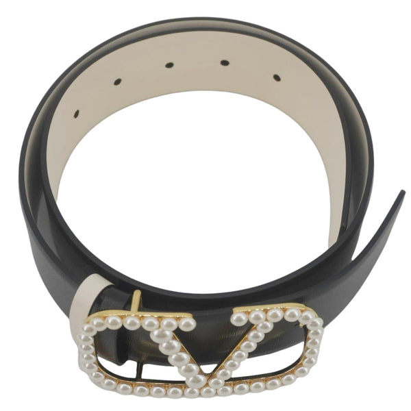 VALENTINO Garavani VLogo Signature Pearls Calfskin Leather Reversible Belt Black