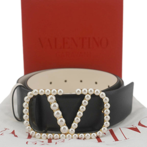 VALENTINO Garavani VLogo Signature Pearls Calfskin Leather Reversible Belt Black