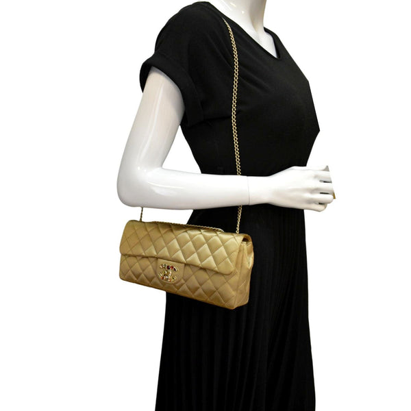 CHANEL East West Satin Single Flap Shoulder Bag Gold