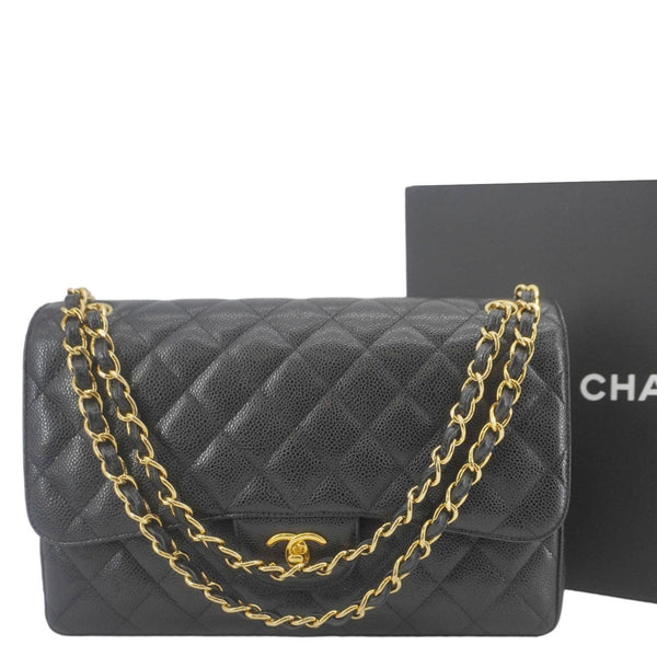 CHANEL Classic Jumbo Double Flap Quilted Caviar Leather Shoulder Bag Black