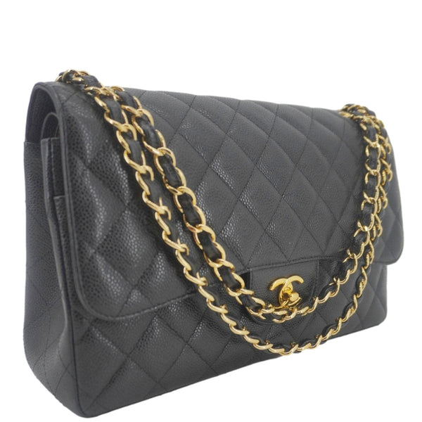 CHANEL Classic Jumbo Double Flap Quilted Caviar Leather Shoulder Bag Black