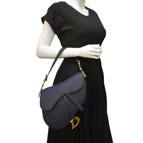 CHRISTIAN DIOR Saddle Grained Calfskin Leather Satchel Shoulder Bag Navy Blue