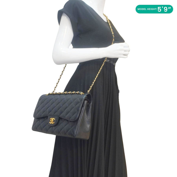 CHANEL Classic Jumbo Double Flap Quilted Caviar Leather Shoulder Bag Black