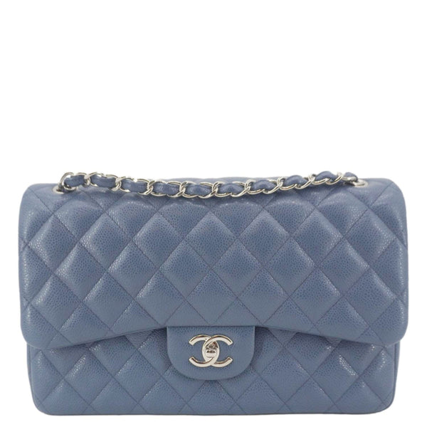 CHANEL Classic Jumbo Double Flap Quilted Caviar Leather Shoulder Bag Blue