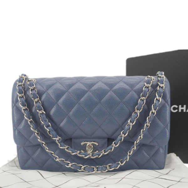CHANEL Classic Jumbo Double Flap Quilted Caviar Leather Shoulder Bag Blue