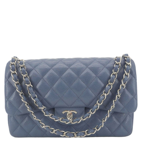 CHANEL Classic Jumbo Double Flap Quilted Caviar Leather Shoulder Bag Blue