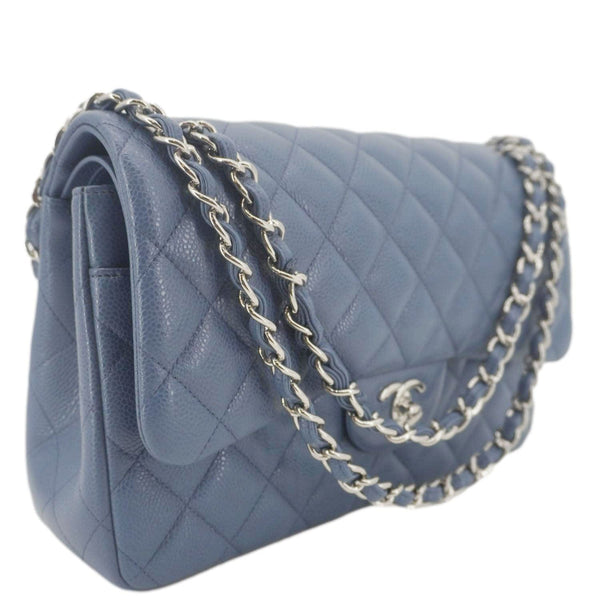 CHANEL Classic Jumbo Double Flap Quilted Caviar Leather Shoulder Bag Blue