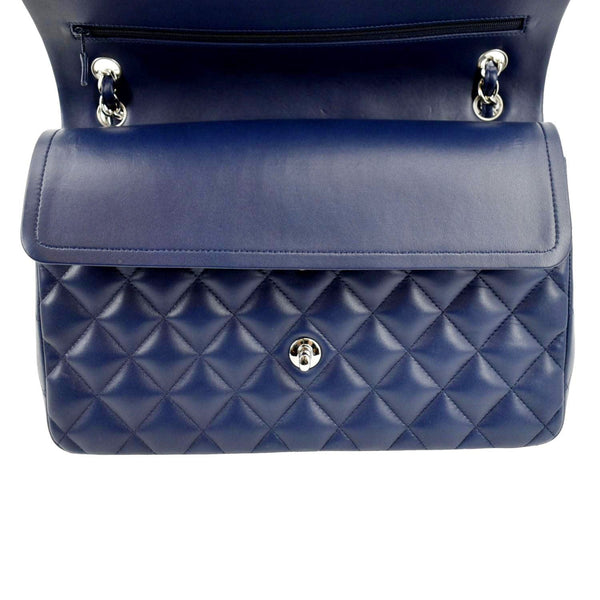 CHANEL Classic Jumbo Double Flap Quilted Caviar Leather Shoulder Bag Blue