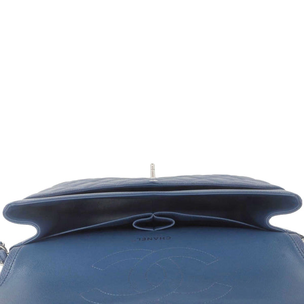 CHANEL Classic Jumbo Double Flap Quilted Caviar Leather Shoulder Bag Blue