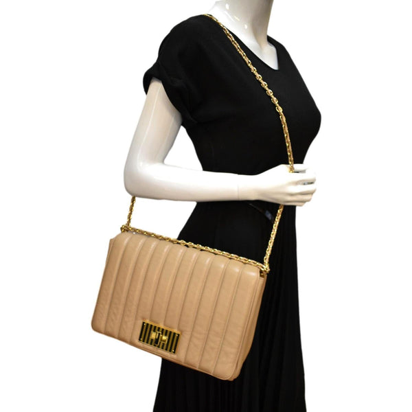FENDI Claudia Pequin Embossed Leather Crossbody Bag Beige