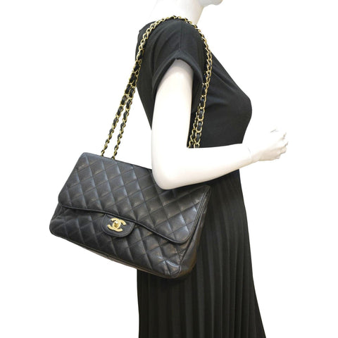 CHANEL Classic Jumbo Single Flap Quilted Caviar Leather Shoulder Bag Black