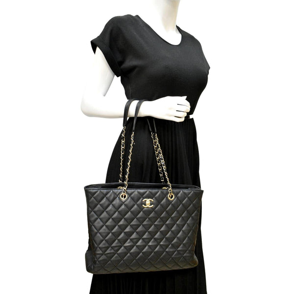 CHANEL Large Classic Shopping Quilted Leather Tote Bag Black