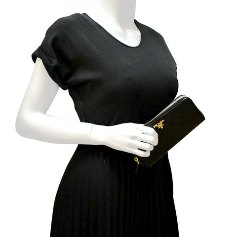 PRADA Zip Around Leather & Nylon Wallet Black