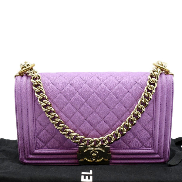 CHANEL Medium Boy Flap Quilted Caviar Leather Shoulder Bag Purple