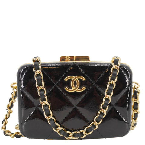 CHANEL Framed Box Mini Quilted Patent Leather Chain Clutch Bag Black