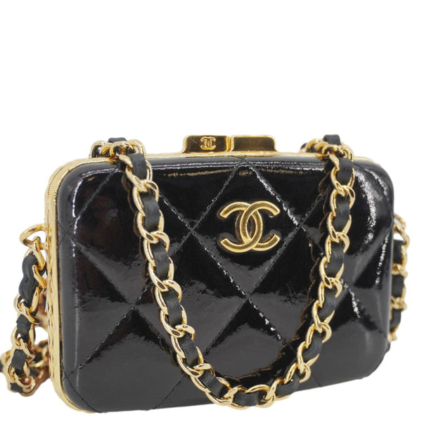 CHANEL Framed Box Mini Quilted Patent Leather Chain Clutch Bag Black