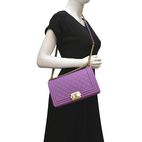CHANEL Medium Boy Flap Quilted Caviar Leather Shoulder Bag Purple