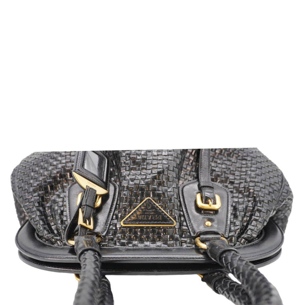 PRADA Frame Woven Madra Leather Tote Bag Black