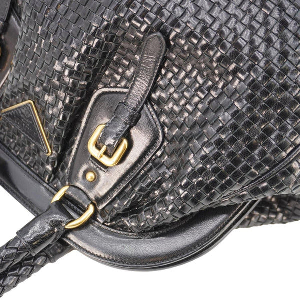 PRADA Frame Woven Madra Leather Tote Bag Black