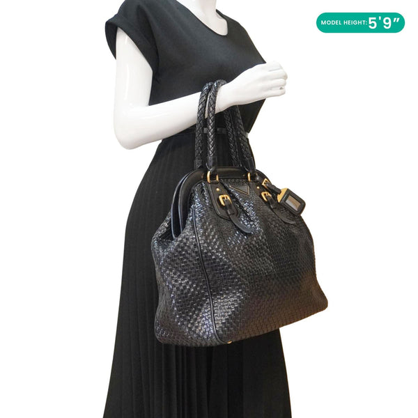 PRADA Frame Woven Madra Leather Tote Bag Black